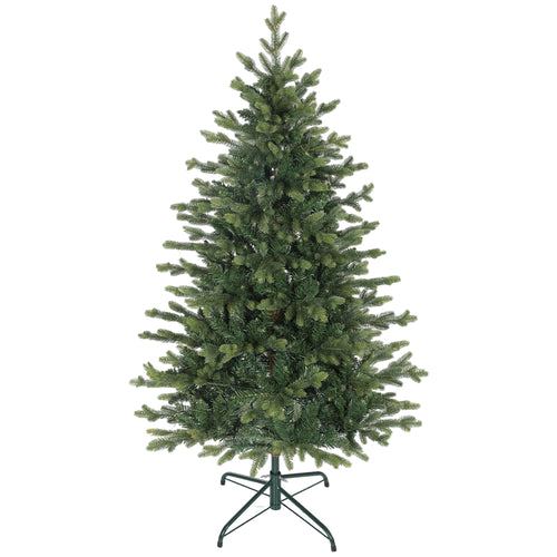 Abeto de Navidad realista de 150 cm con soporte metálico verde, vista frontal sobre fondo blanco