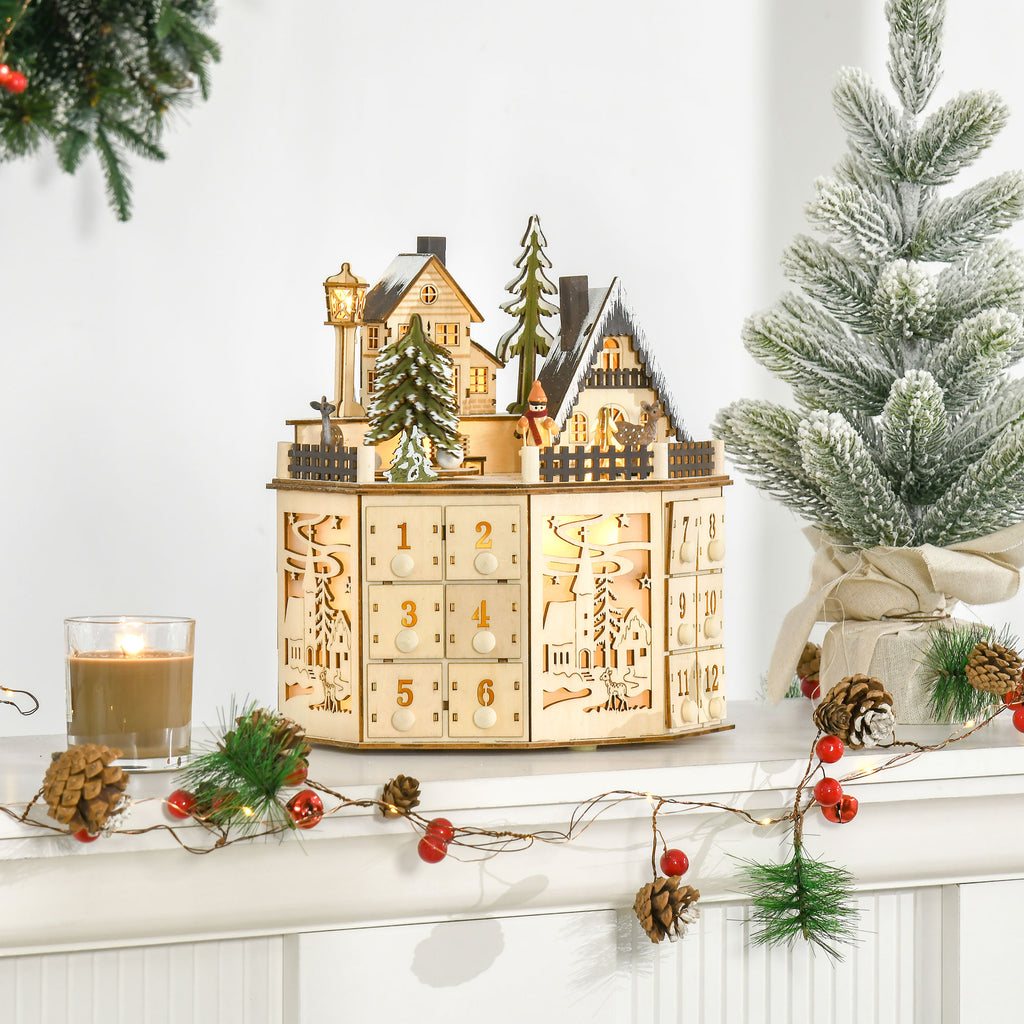 Calendario de Adviento pueblo navideño con luces LED encendidas