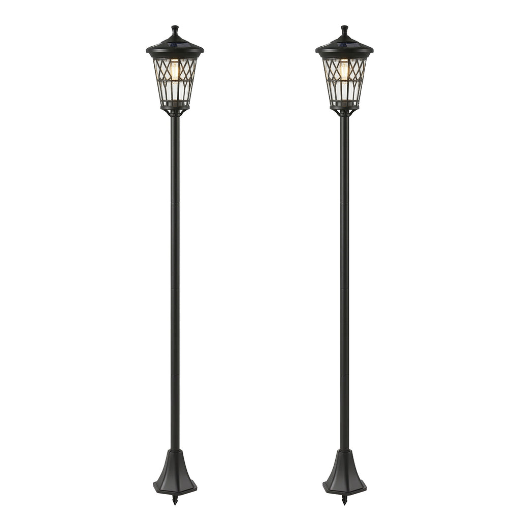 Set de 2 farolas solares de jardín negras de altura ajustable sobre fondo blanco