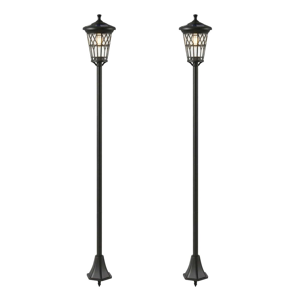 Set de 2 farolas solares de jardín negras de altura ajustable sobre fondo blanco