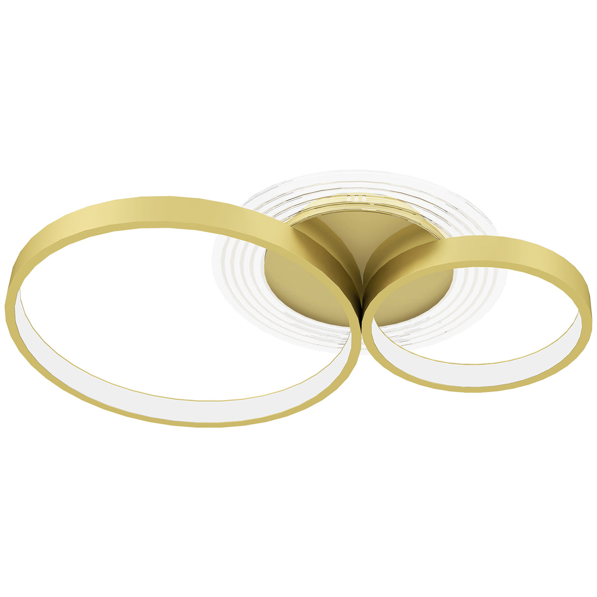 Plafón LED de techo de tres aros dorados sobre fondo blanco