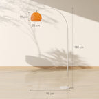 Medidas de la lámpara de pie en arco: 180 cm de alto, 90 cm de alcance y pantalla de 25 × 19 cm