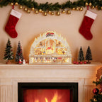 Pueblo navideño de madera iluminado sobre la repisa de una chimenea junto a calcetines navideños