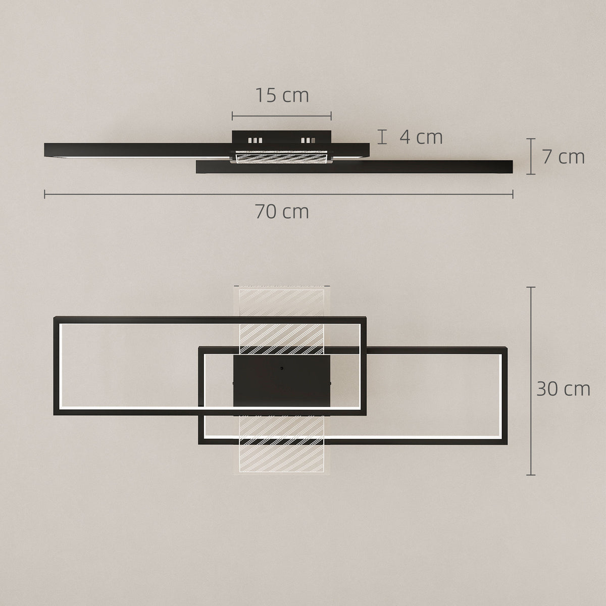 Medidas de la lámpara de techo: 70 cm de largo, 30 cm de ancho, 7 cm de alto y base de 15 cm