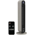 Calefactor cerámico de torre plata y negro de 2200 W sobre fondo blanco