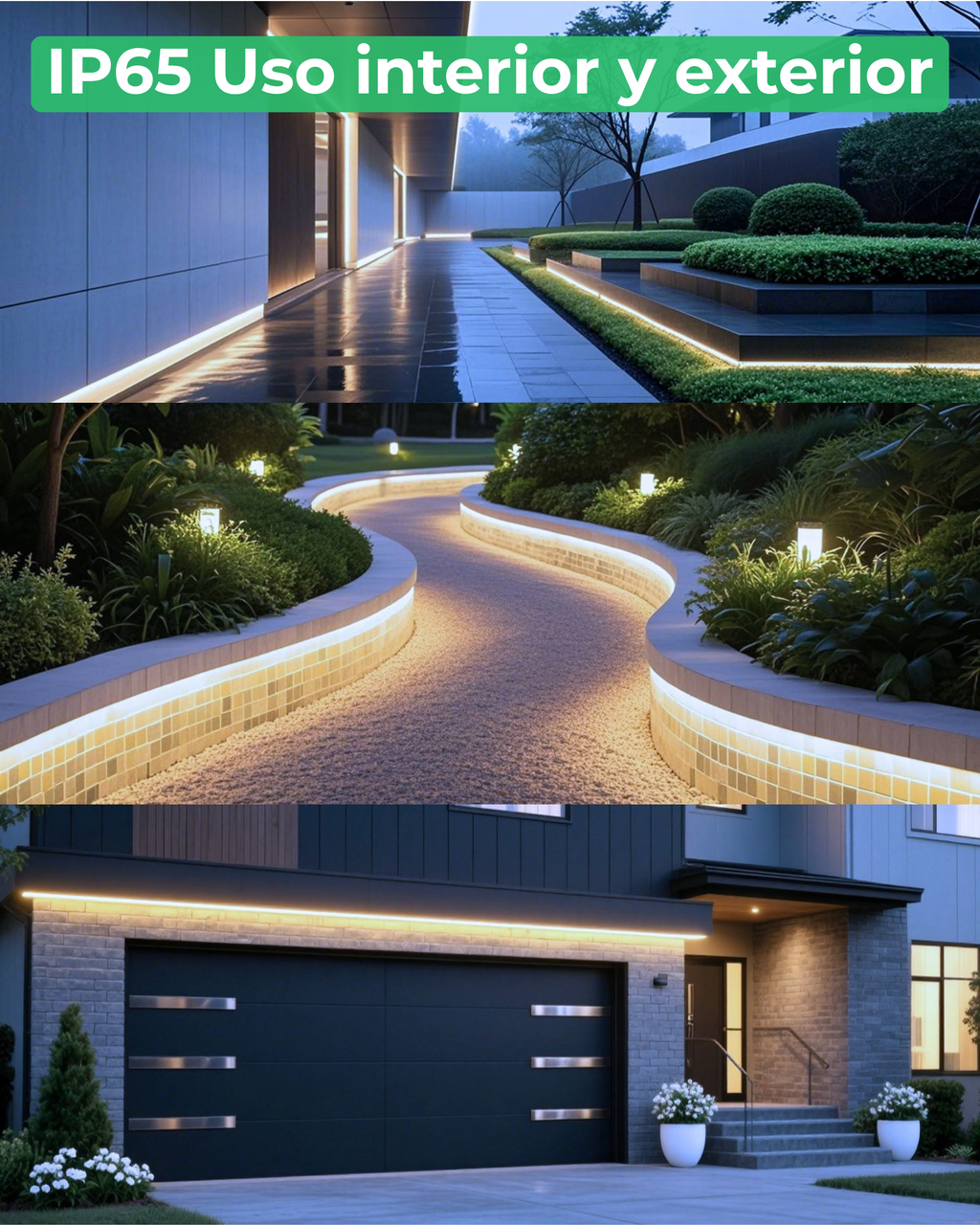 Tira LED COB IP65 ALUMAR de uso exterior iluminando un camino, un jardín y un garaje