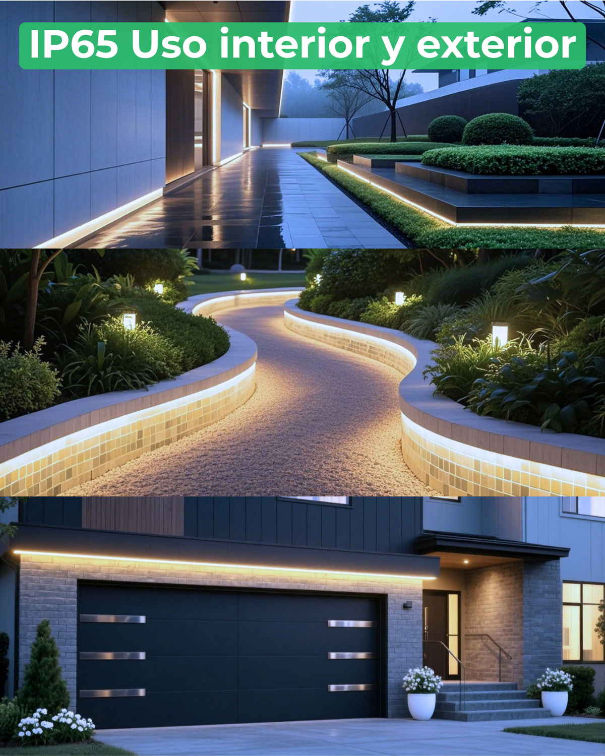 Tira LED COB IP65 ALUMAR de uso exterior iluminando un camino, un jardín y un garaje