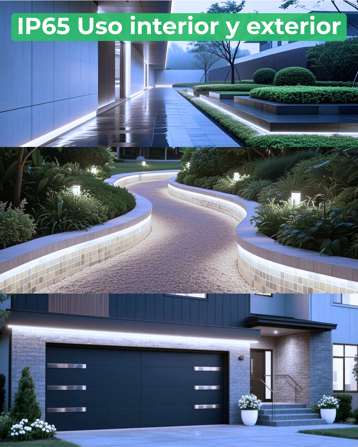 Tira LED COB IP65 ALUMAR de uso exterior iluminando un camino, un jardín y un garaje