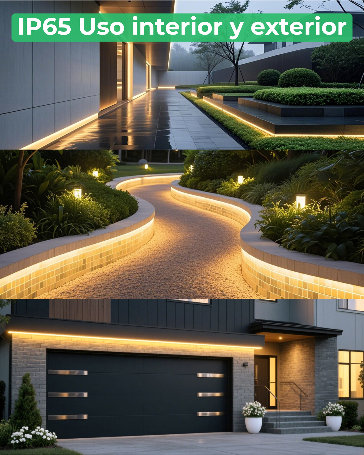 Tira LED COB IP65 ALUMAR de uso exterior iluminando un camino, un jardín y un garaje