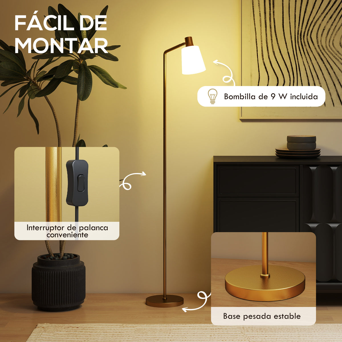 Lámpara de pie LED blanca y dorada con pantalla giratoria, vista 6