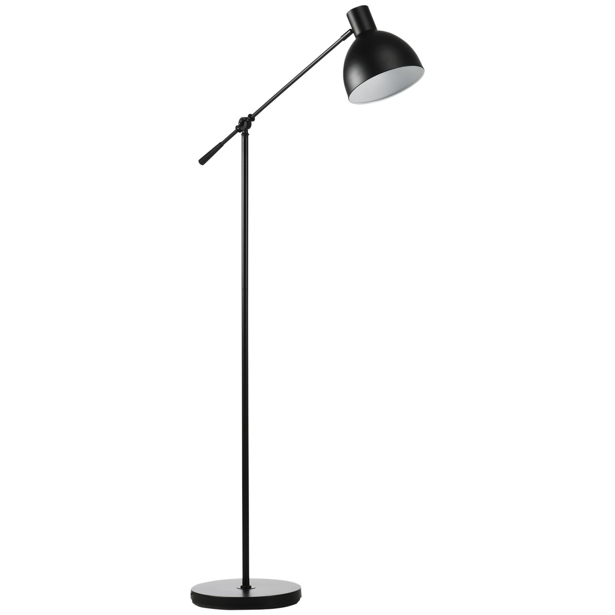 Lámpara de pie negra con pantalla metálica y brazo orientable, vista frontal sobre fondo blanco