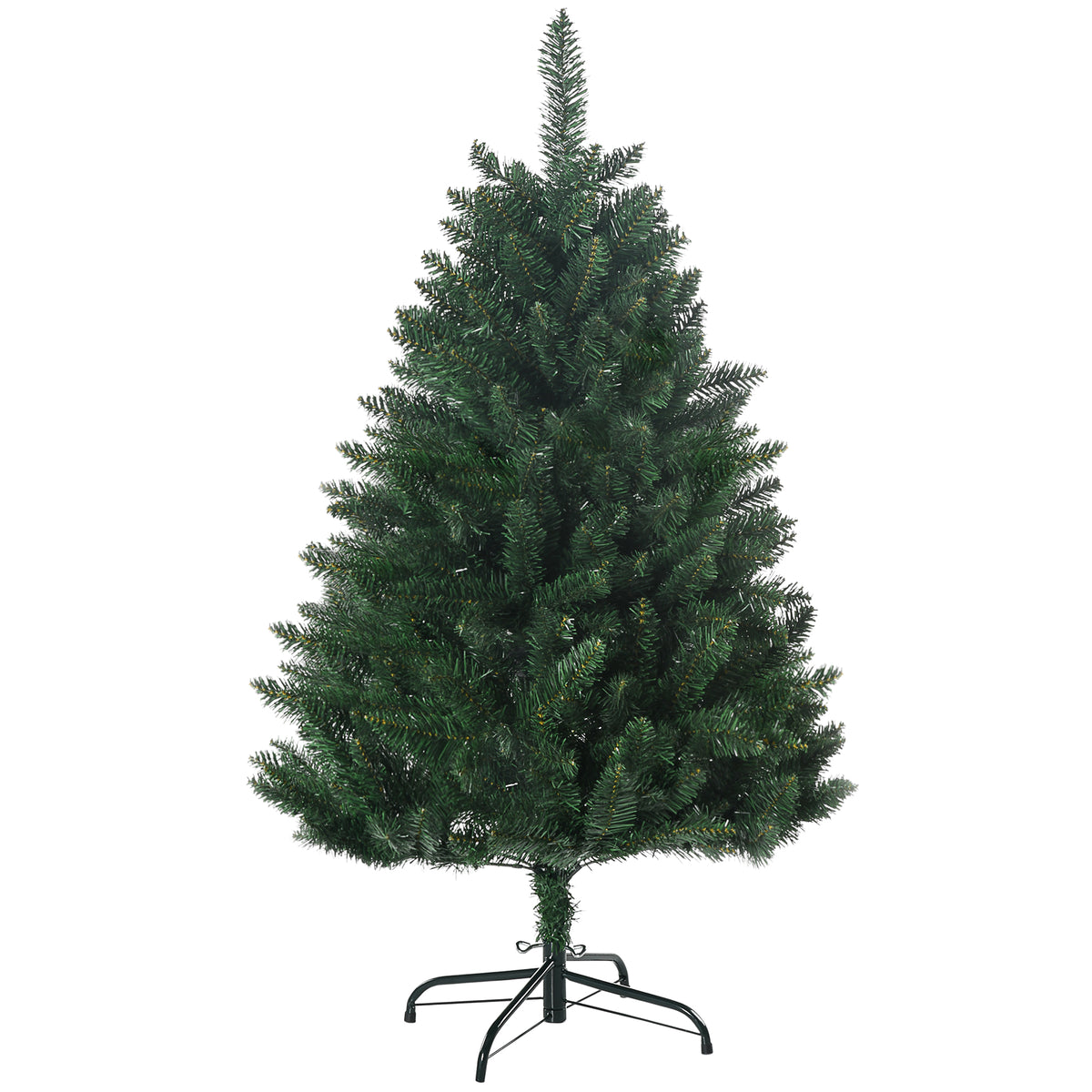 Abeto de Navidad artificial verde de 120 cm con soporte de cruz de acero, vista frontal sobre fondo blanco