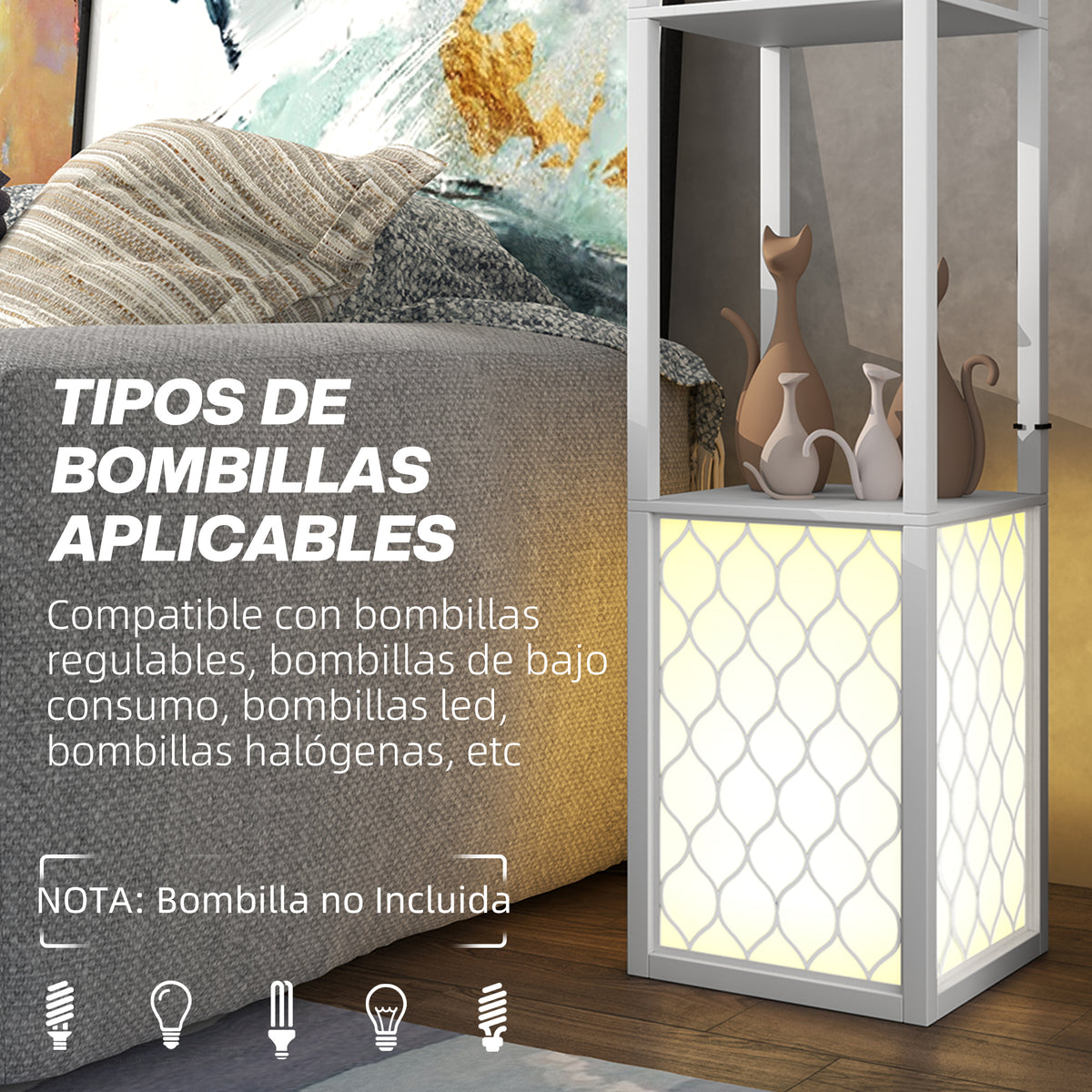 Lámpara de pie blanca con pantallas de rejilla encendida