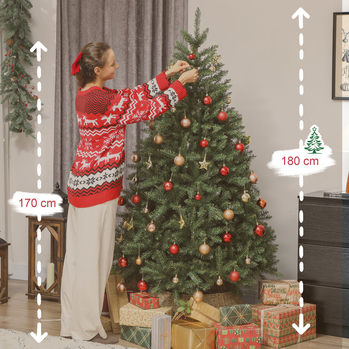 Medidas del abeto de Navidad: 180 cm de alto, junto a una persona de 170 cm