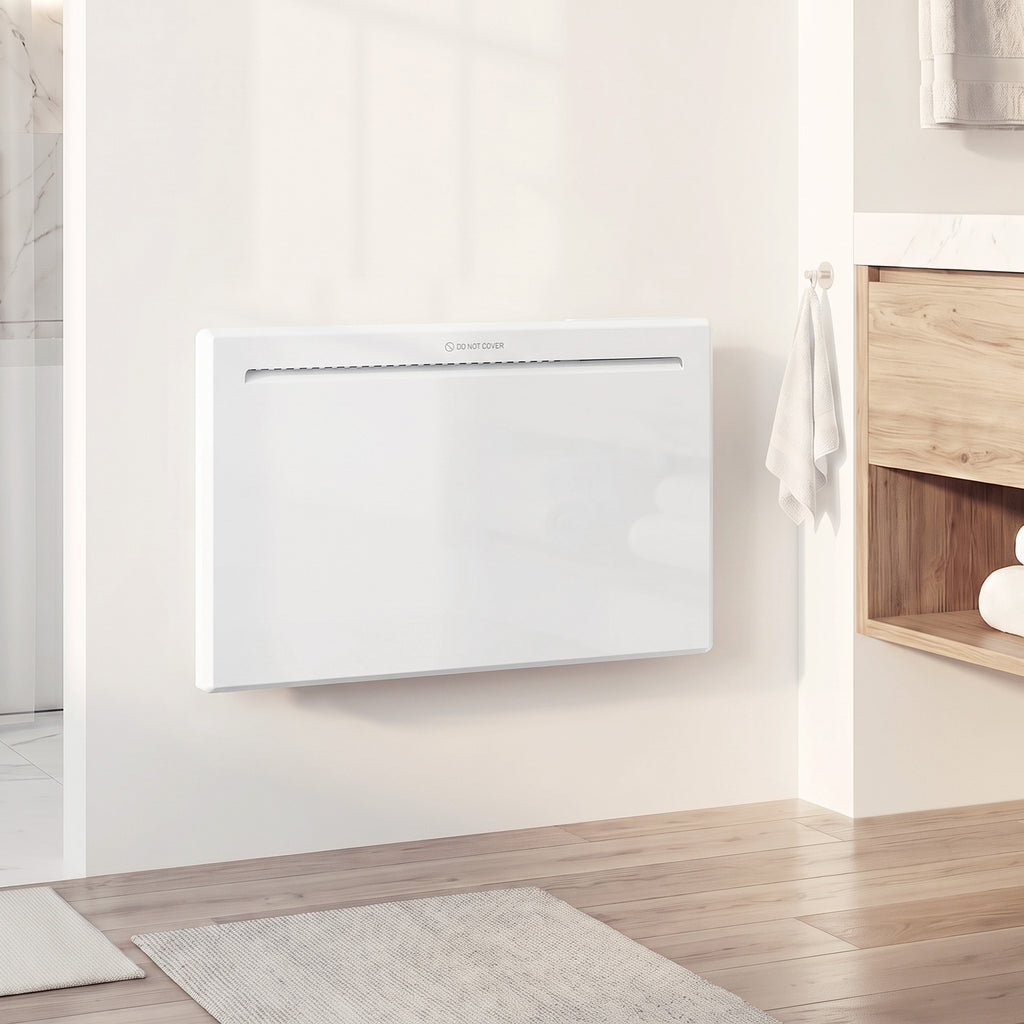 Calefactor de pared blanco en un dormitorio