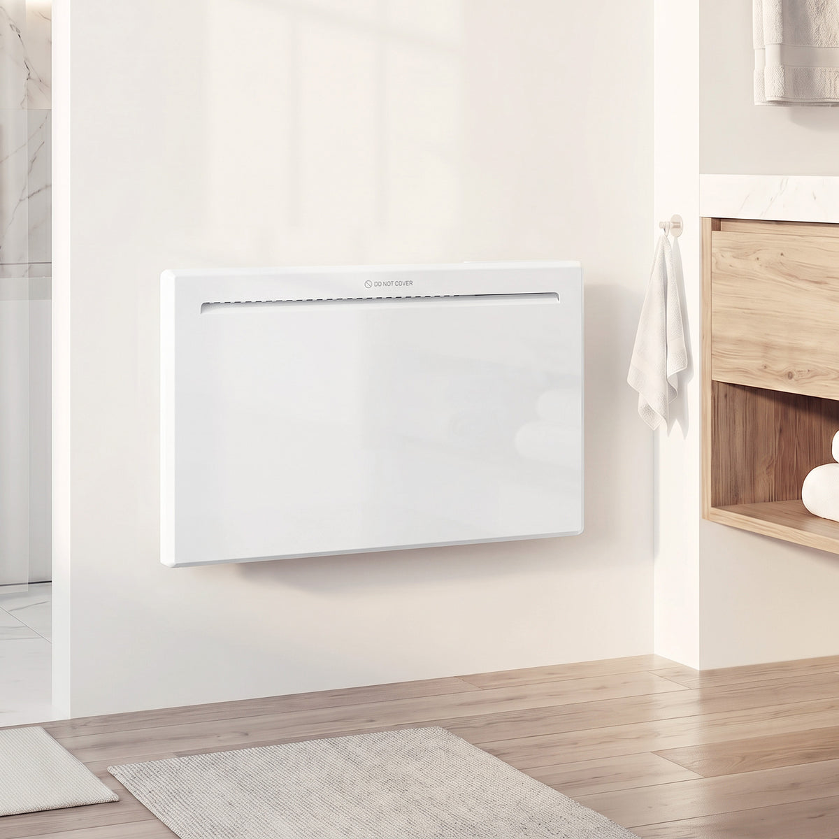 Calefactor de pared blanco en un dormitorio
