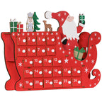 Calendario de Adviento en forma de trineo rojo con Papá Noel, vista en perspectiva