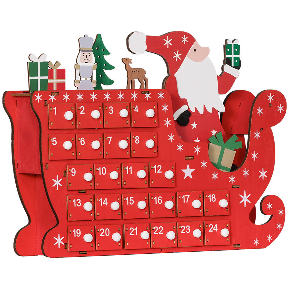 Calendario de Adviento en forma de trineo rojo con Papá Noel, vista en perspectiva