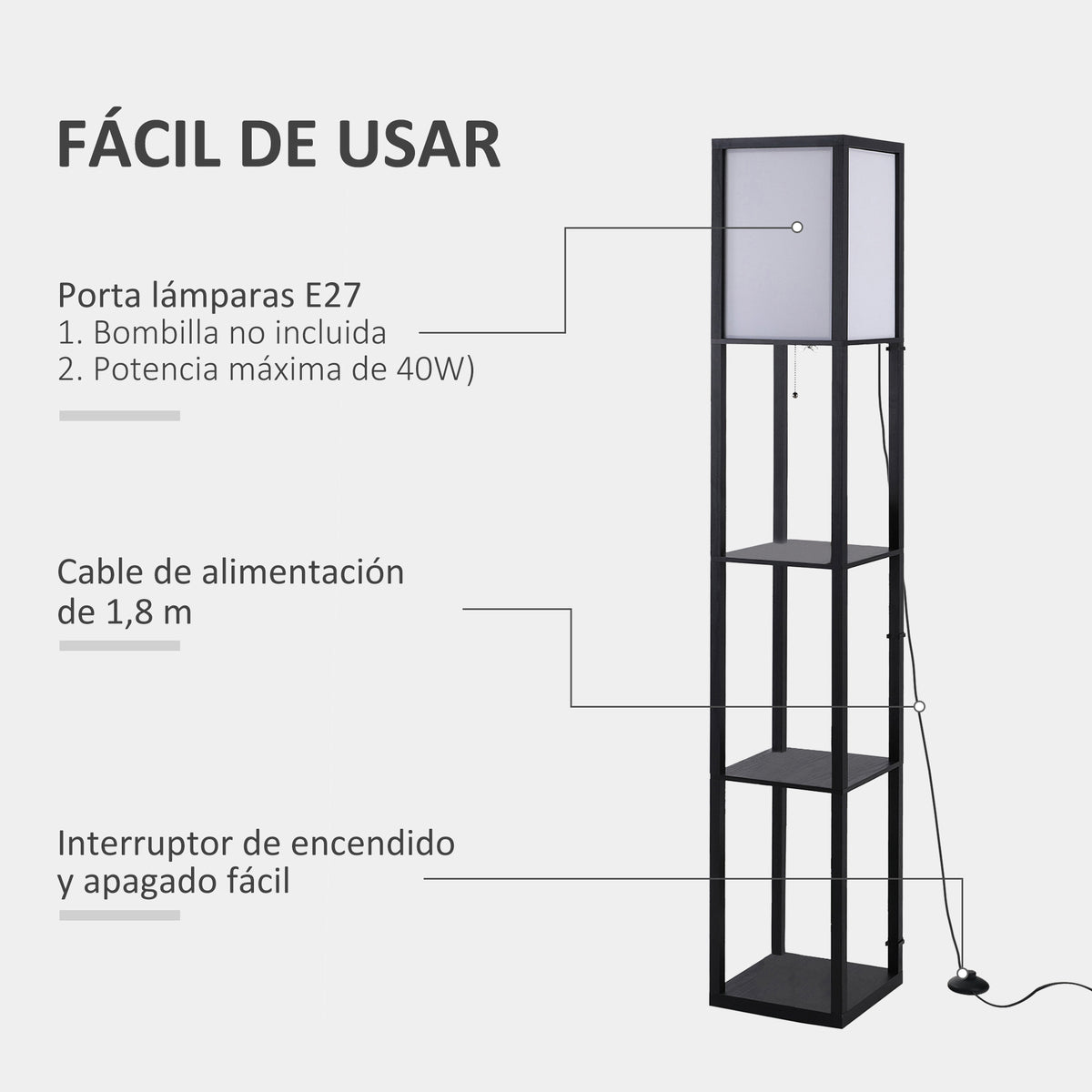 Lámpara de pie negra con estantería de 3 baldas, vista 5
