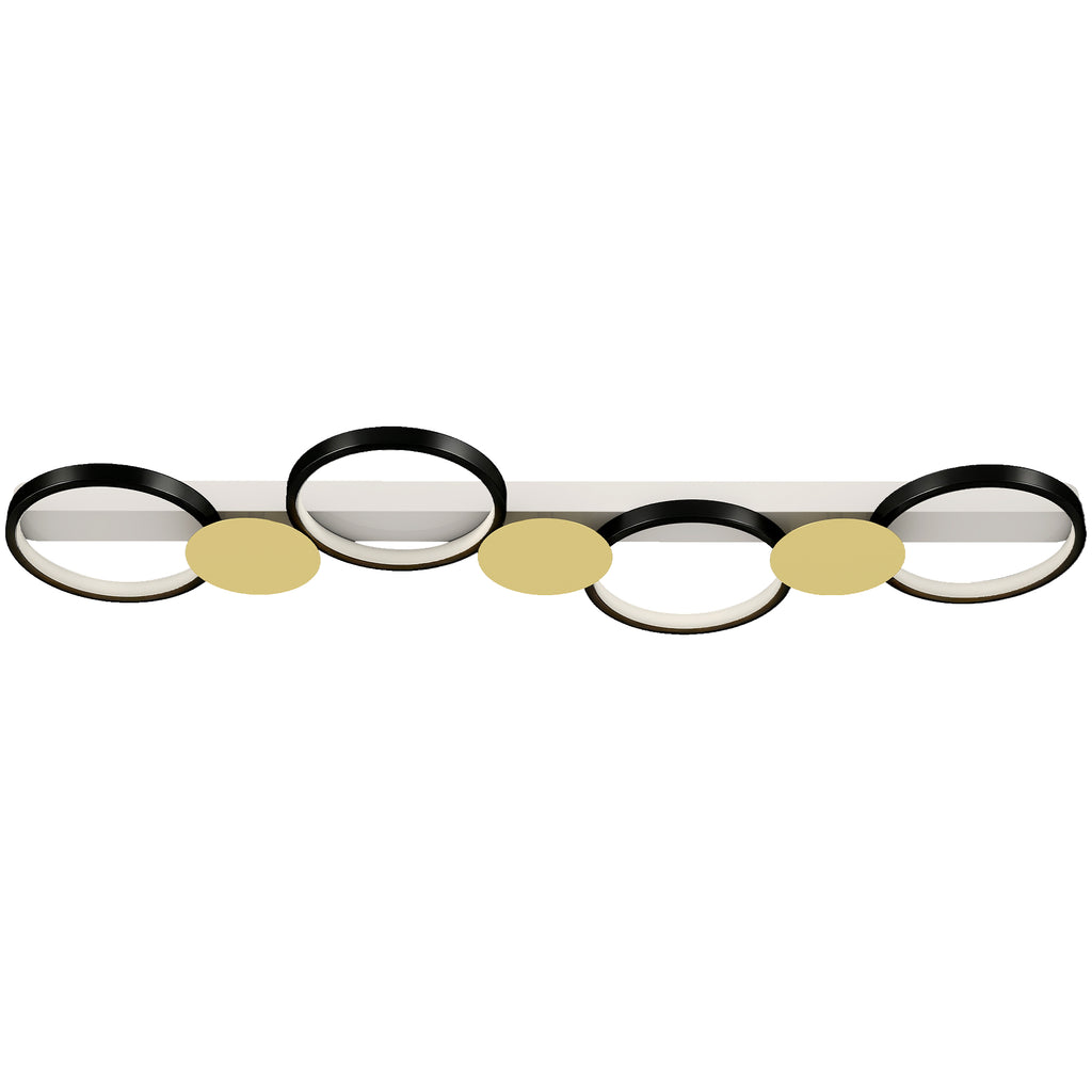 Plafón LED de techo de 100 cm con cuatro anillos negros y detalles dorados