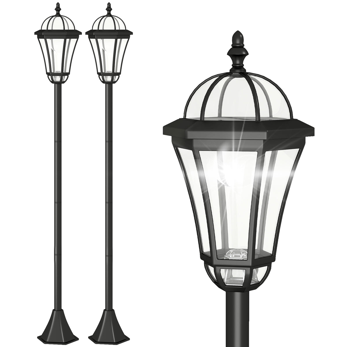 Set de 2 farolas solares de jardín negras sobre fondo blanco