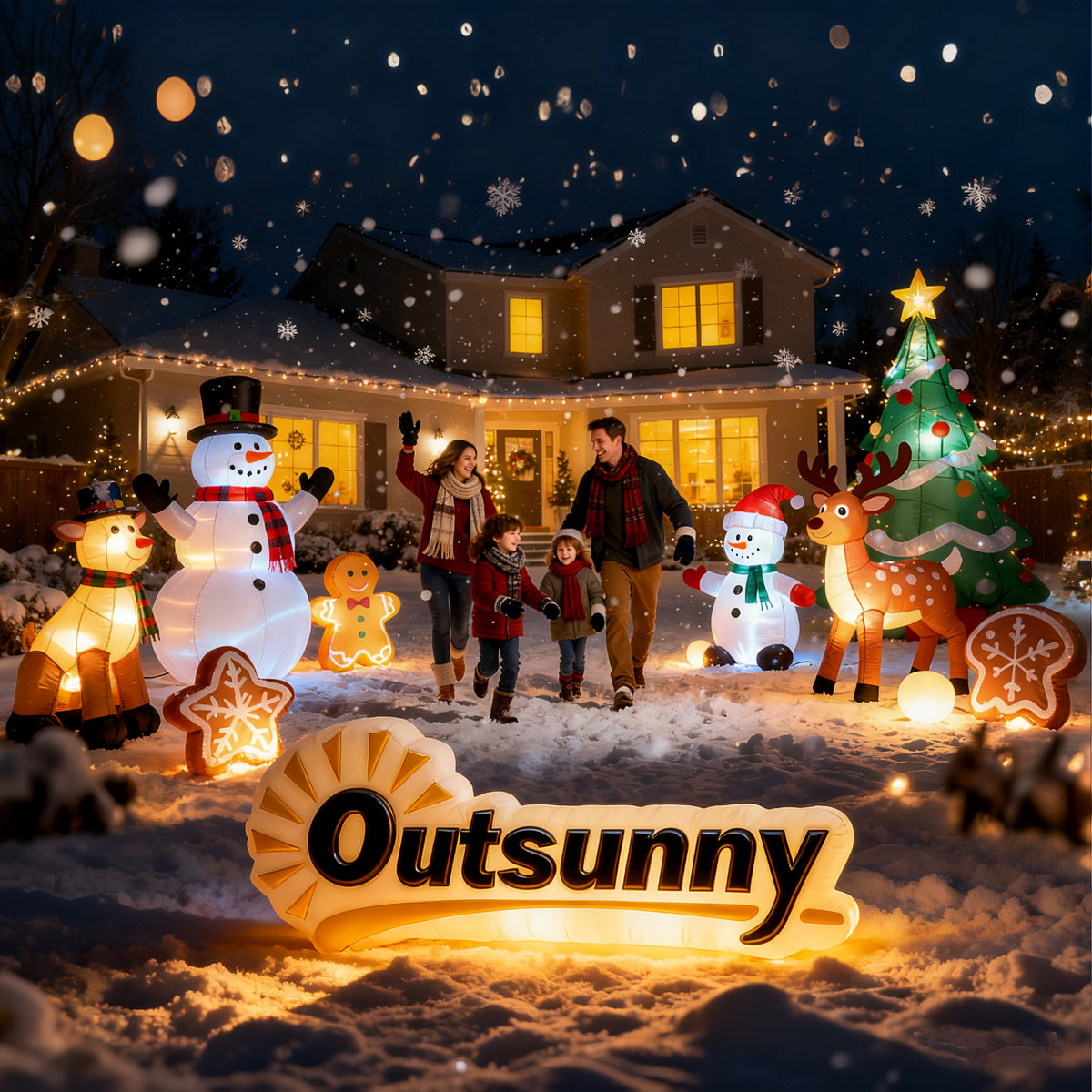 Jardín nevado decorado con figuras hinchables navideñas iluminadas de la marca Outsunny