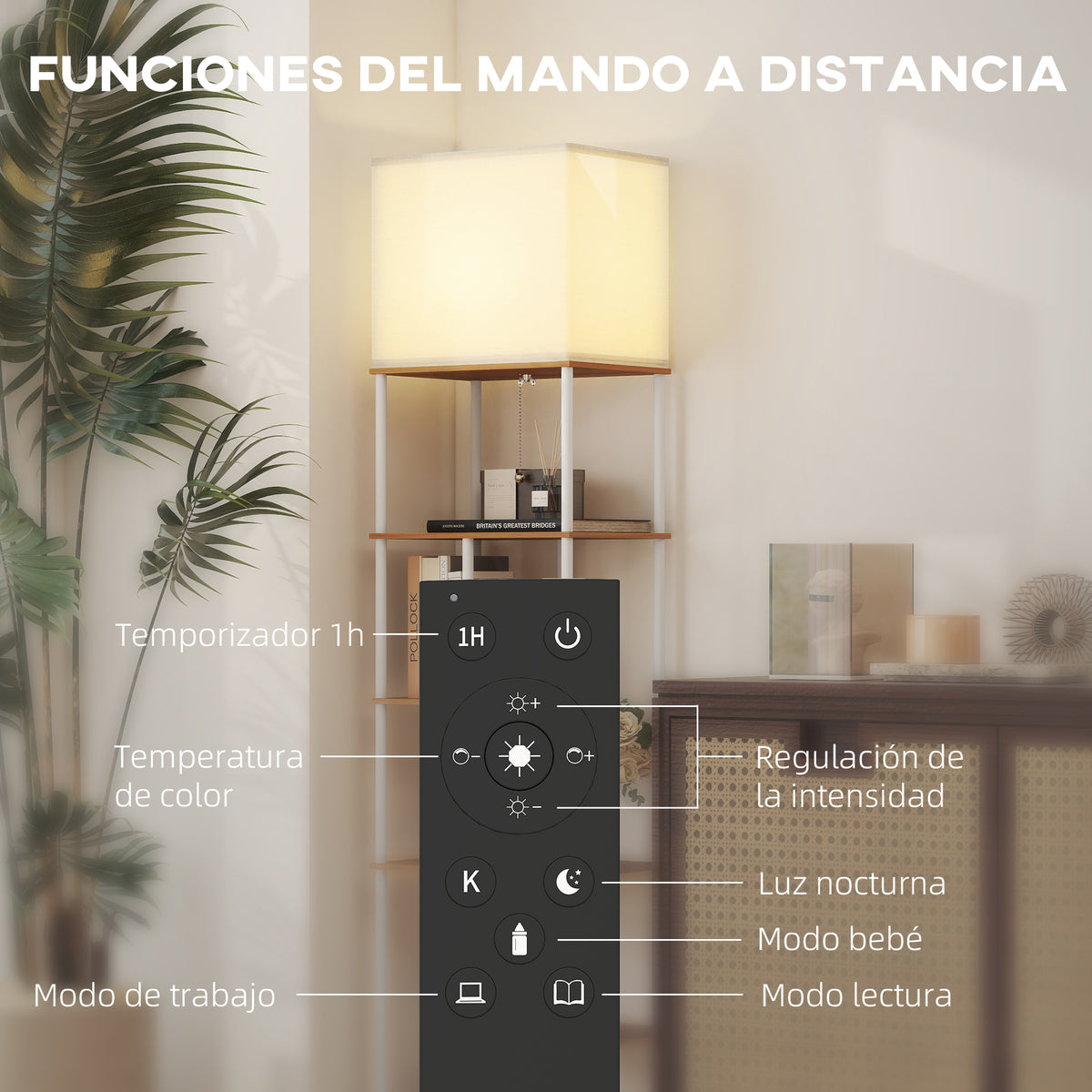 Lámpara de pie con estantes en madera natural, vista 5