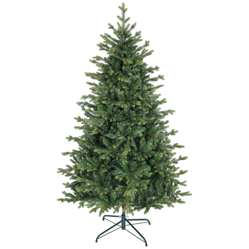 Abeto de Navidad realista de 180 cm con soporte metálico verde, vista frontal sobre fondo blanco