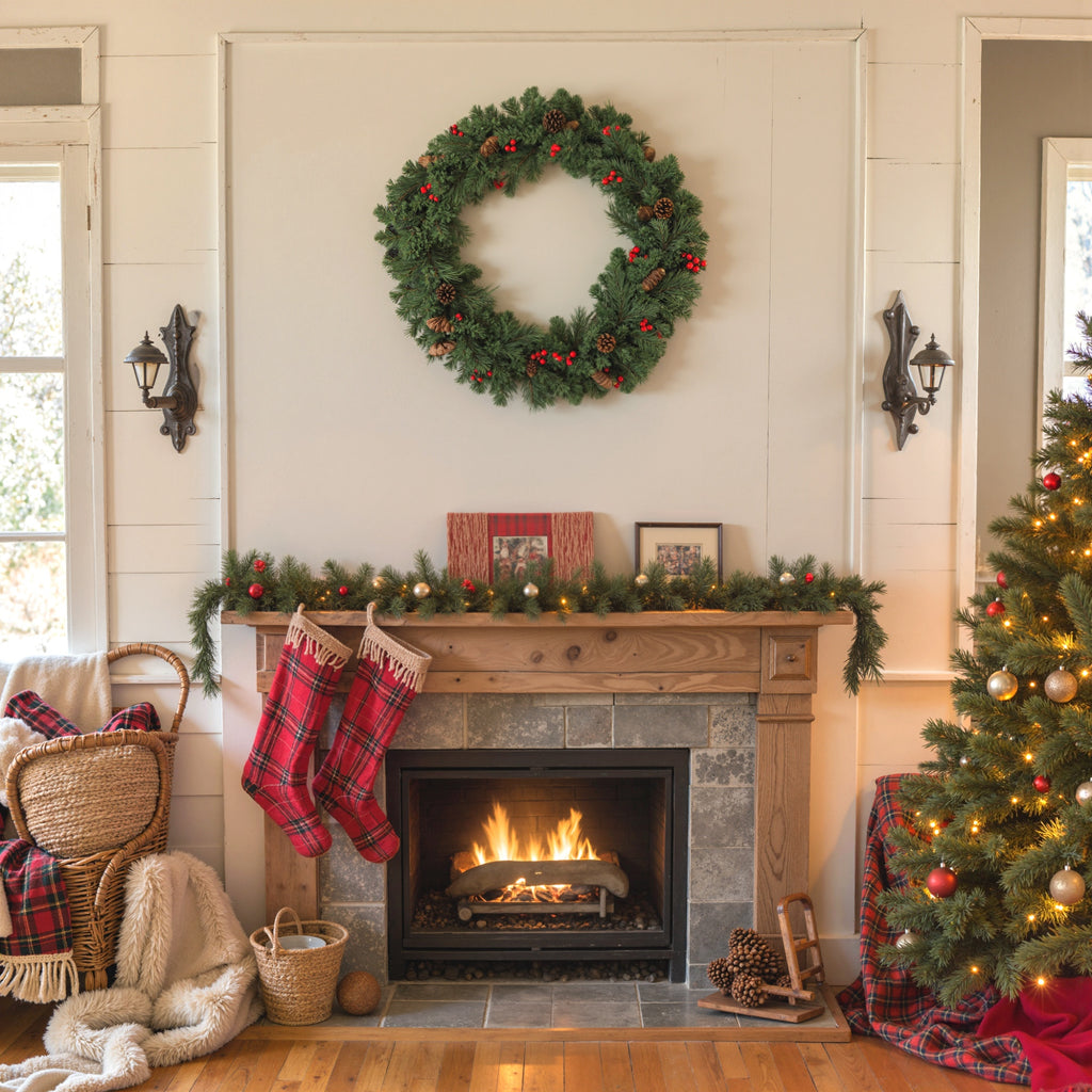 Guirnalda de Navidad y corona de pino sobre una chimenea decorada con calcetines navideños