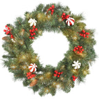 Corona de Navidad de 60 cm con bolas rojas y blancas, bayas rojas y piñas, vista frontal sobre fondo blanco