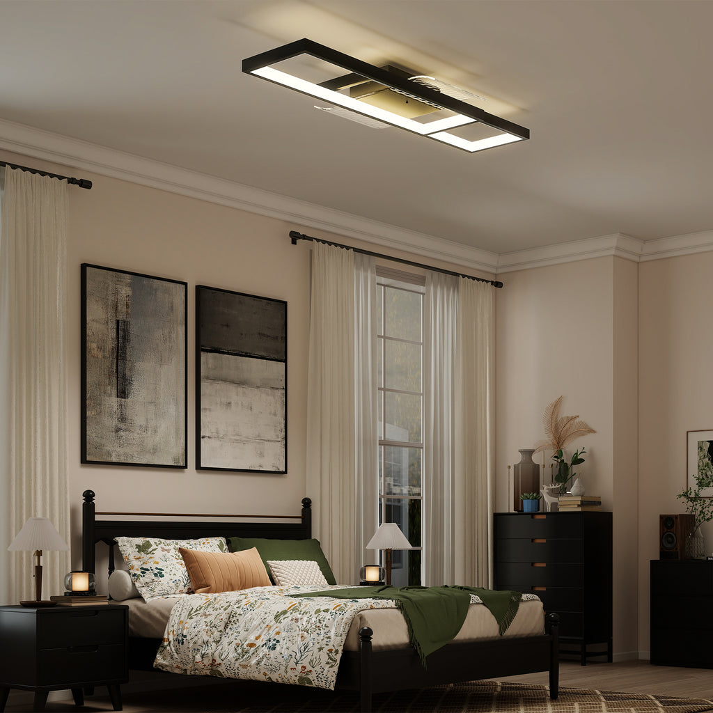 Lámpara de techo LED rectangular negra en el techo de un dormitorio clásico