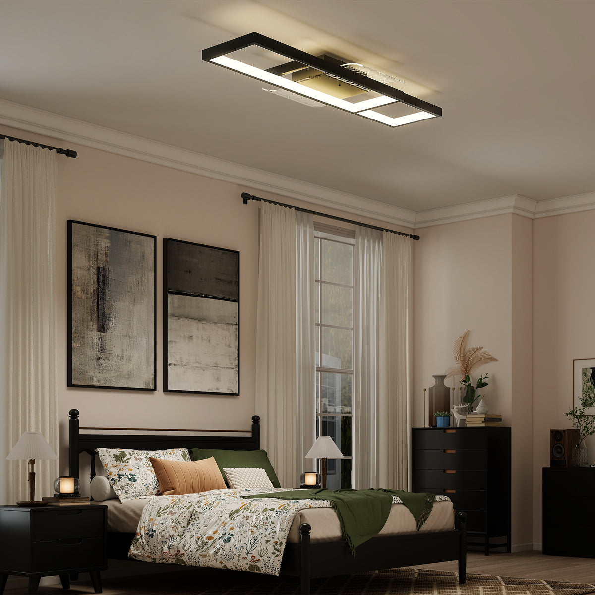 Lámpara de techo LED rectangular negra en el techo de un dormitorio clásico