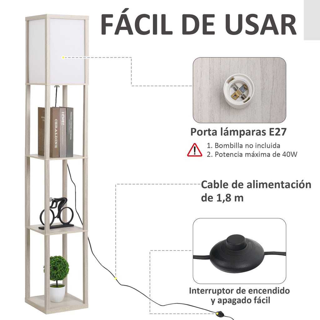 Lámpara de pie en roble con estantería de 3 baldas, vista 5